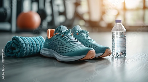 Pair of Running Shoes on Gym Floor with Towel and Water Bottle