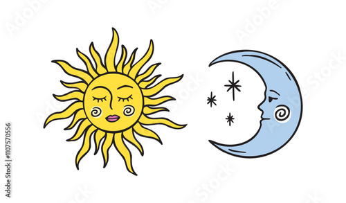 Moon and sun faces, set of beautiful mystical cartoon doodle elements, yellow sunshine and blue crescent cosmic symbols. Sun and moon whimsical boho style