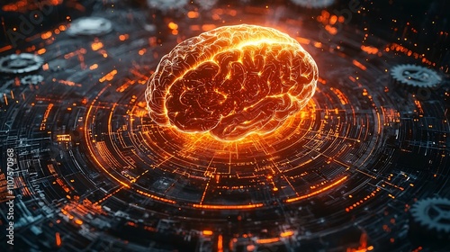 Glowing Brain Hologram Surrounded by Gears and Charts Representing Innovation and Strategic Thinking