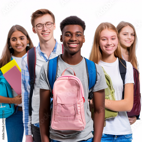 Smiling students happily heading to school against a white background. photo