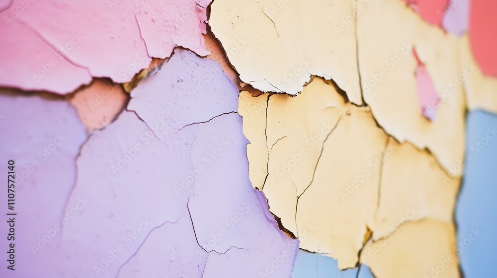 Obraz premium Close-up of textured, peeling paint in pastel colors creating an abstract pattern.
