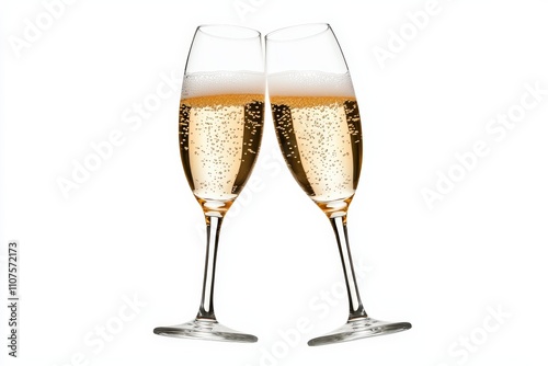 Two elegant champagne glasses clinking together, filled with bubbly drink. Perfect for celebrations and festive occasions. photo