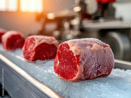 Fresh meat cuts lined up on ice in a food processing facility.