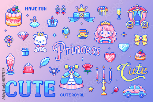 Pixel Art Cute Princess Royal Pack. 8-bit Stickers with Princess, Crown, Carriage, Dress, Cake, Diamond, Tea Set, Rose, Accessories, Retro Gaming Style