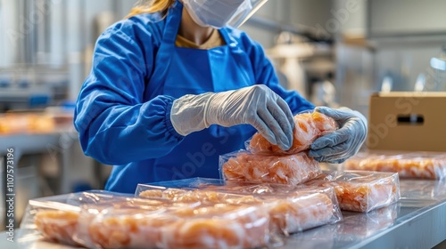 Worker packaging seafood in a clean processing facility. photo