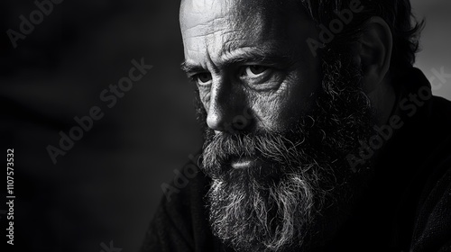 A ablack and white portrait of a bearded man with a