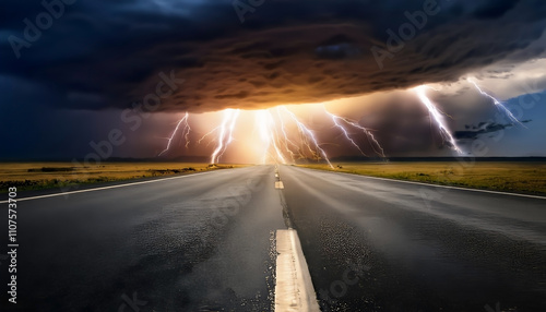 Storm clouds gather over a road that leads into the distance, creating a very dramatic landscape photo