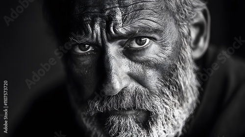 A ablack and white portrait of a bearded man with a photo