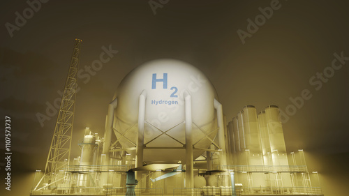 A nigth illustration of industrial zone with thick fog. A brightly lit area h2 plant for round-the-clock operation.