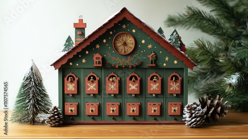  Traditional Advent calendar styled as a clock-tower house with numbered doors, pinecones, and holiday details, capturing Christmas anticipation and festive spirit.