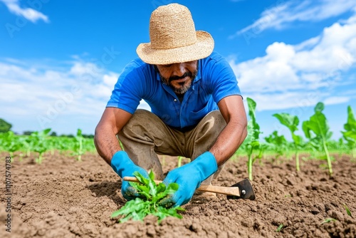 A farmer in Brazil harvesting crops on a sunny day, with traditional farming tools and a scenic farm environment highlighting rural culture photo