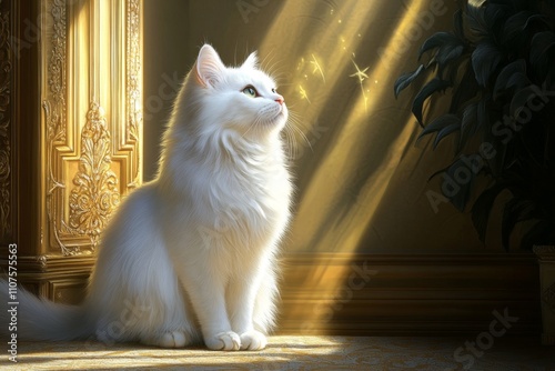 A fluffy white cat sitting elegantly in a Victorian-style room, staring out of a tall window photo