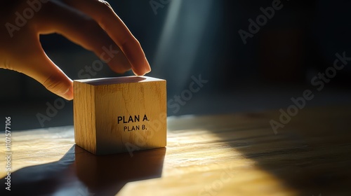  Conceptual composition where hand, illuminated by soft spotlight, flips wooden cube from 