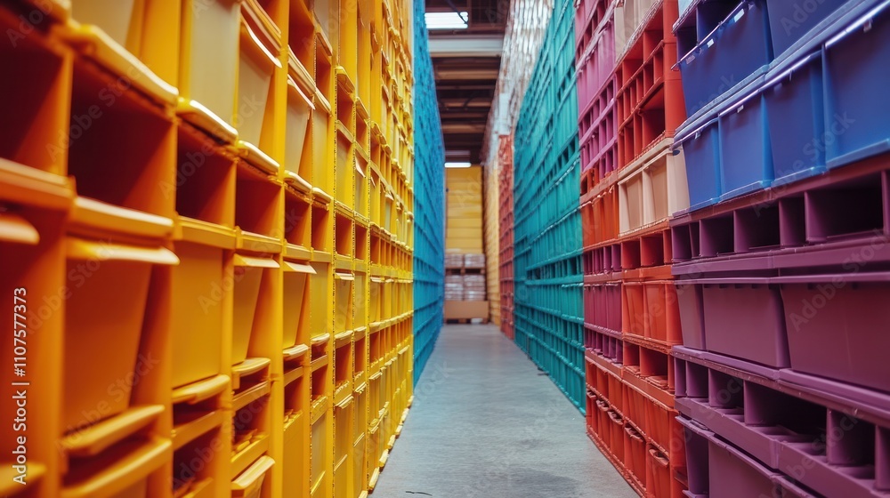 Warehouse with colorful boxes, neat and efficient stock, orderly Warehouse with colorful boxes, neat and efficient stock, orderly
