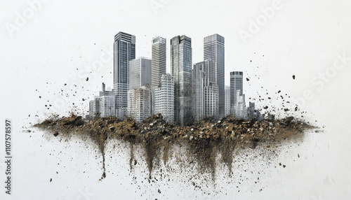 cityscape with towering office buildings appears to crumble into ground, showcasing dramatic contrast between urban architecture and earth. scene evokes sense of decay and transformation