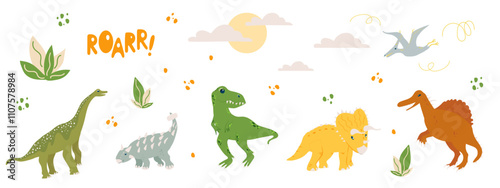 Vector flying dinosaur Pterodactyl, Spinosaurus, T-Rex predator and cute herbivores dinos Brachiosaurus, Triceratops, Stegosaur, Ankylosaurus, sun and clouds, ROAR inscription and bushes.
