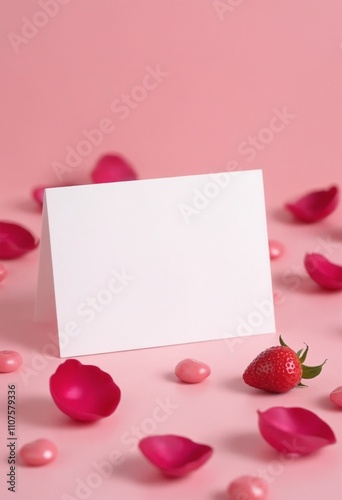 Blank card surrounded by pink petals and candy for romantic celebration