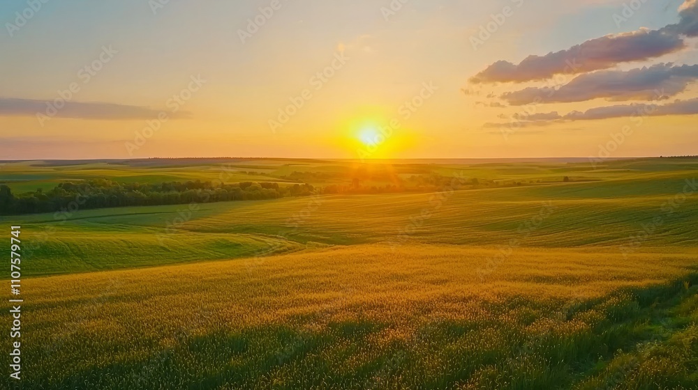 Fototapeta premium As the sun sets, the vast countryside comes alive with the vibrant green of barley fields, offering a picturesque scene of rural tranquility.