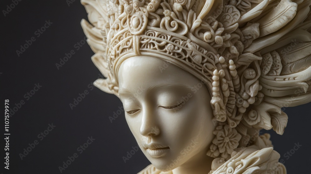 Obraz premium Close-up of an intricately carved statue of a serene woman wearing an ornate headdress.