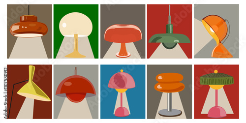 Posters collection of vintage home vector lamps. Different interior light decor in retro styles. Cozy interior home poster. Colorful pop art