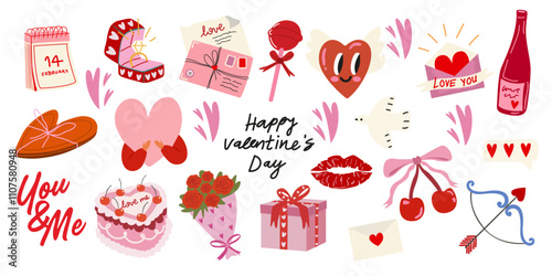 Hand drawn Valentines day cute sticker set. Collection of scrapbooking design elements for Valentine's day. February love holiday. Romantic vector elements, wedding and love concept