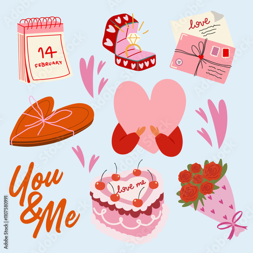 Valentine’s day elements vector retro cute set. Flat stickers for Valentine's Day on February 14. Presents for the feast of Saint Valentine