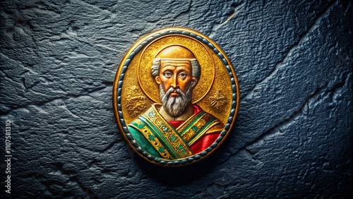 Byzantine Style Round Medallion Depicting John Chrysostom on Black Stone Wall in Low Light, Evoking Traditional Christian Imagery and Spiritual Aesthetics photo