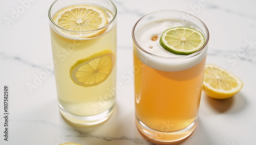 A refreshing double-citrus cocktail featuring lemon and lime garnishes photo