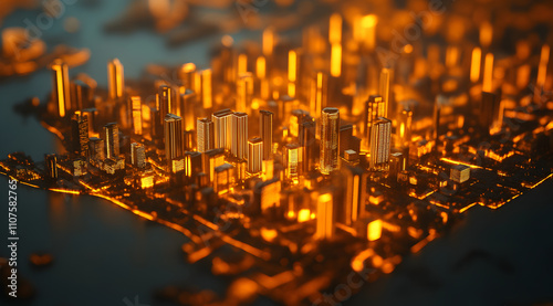 A vibrant, illuminated cityscape rendered in golden hues, showcasing modern skyscrapers against a darker backdrop.