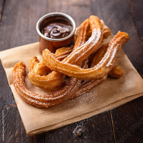 Delicious Gogosi Spaniole Churros with Rich Chocolate Dip photo