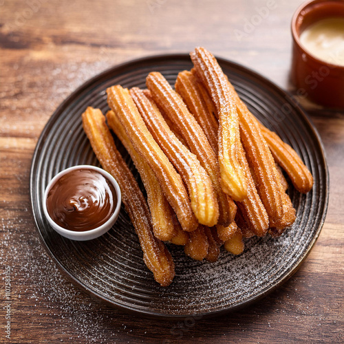 Delicious Gogosi Spaniole Churros with Rich Chocolate Dip photo