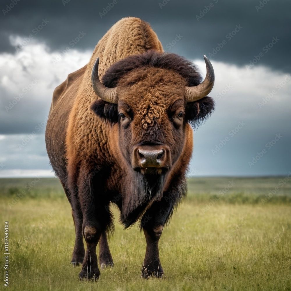 A bison standing on a grassy plain under stormy skies. A bison standing on a grassy plain under stormy skies.