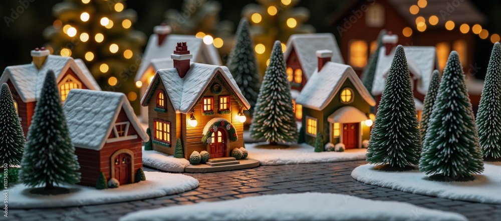 Fototapeta premium Warmly lit miniature Christmas village with snowy homes and coniferous trees exudes holiday cheer