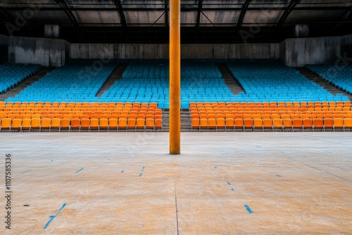 A photo of an empty circus tent interior, showing the towering central pole and rows of colorful seats photo