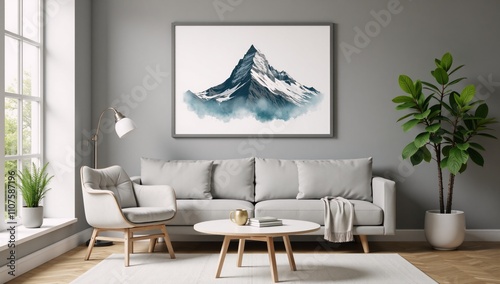 Watercolor brush-style abstract mountain art featuring minimal landscape elements with golden line accents vector design photo