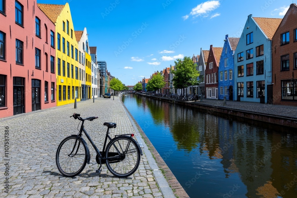 Obraz premium A quiet canal cutting through a European city, with bicycles parked along the cobblestone pathways
