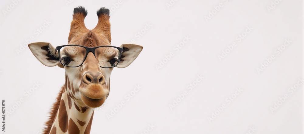 Close-up portrait of a giraffe donning eyeglasses with a stern expression set against a pristine white backdrop