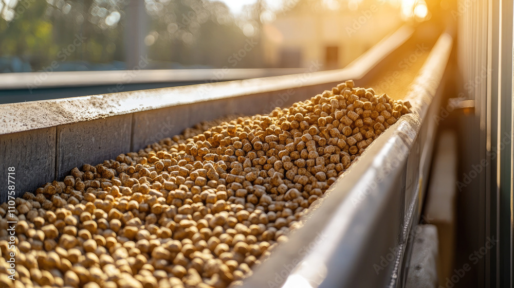 Obraz premium Conveyor belt transporting pellets in factory at sunset
