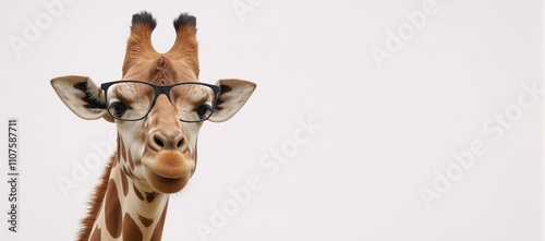 Obraz na płótnie Close-up portrait of a giraffe donning eyeglasses with a stern expression set against a pristine white backdrop w salonie