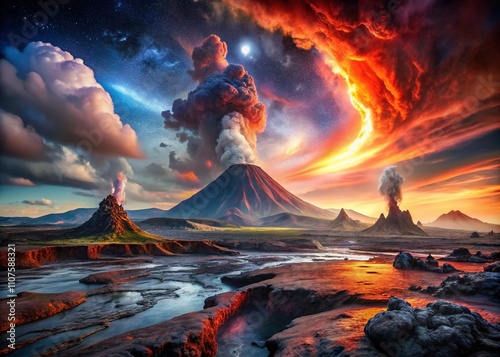 Captivating Alien Landscape Showcasing a Volcanic Eruption and Unique Hyperthermophile Ecosystems in Extreme Environments of Science Fiction photo