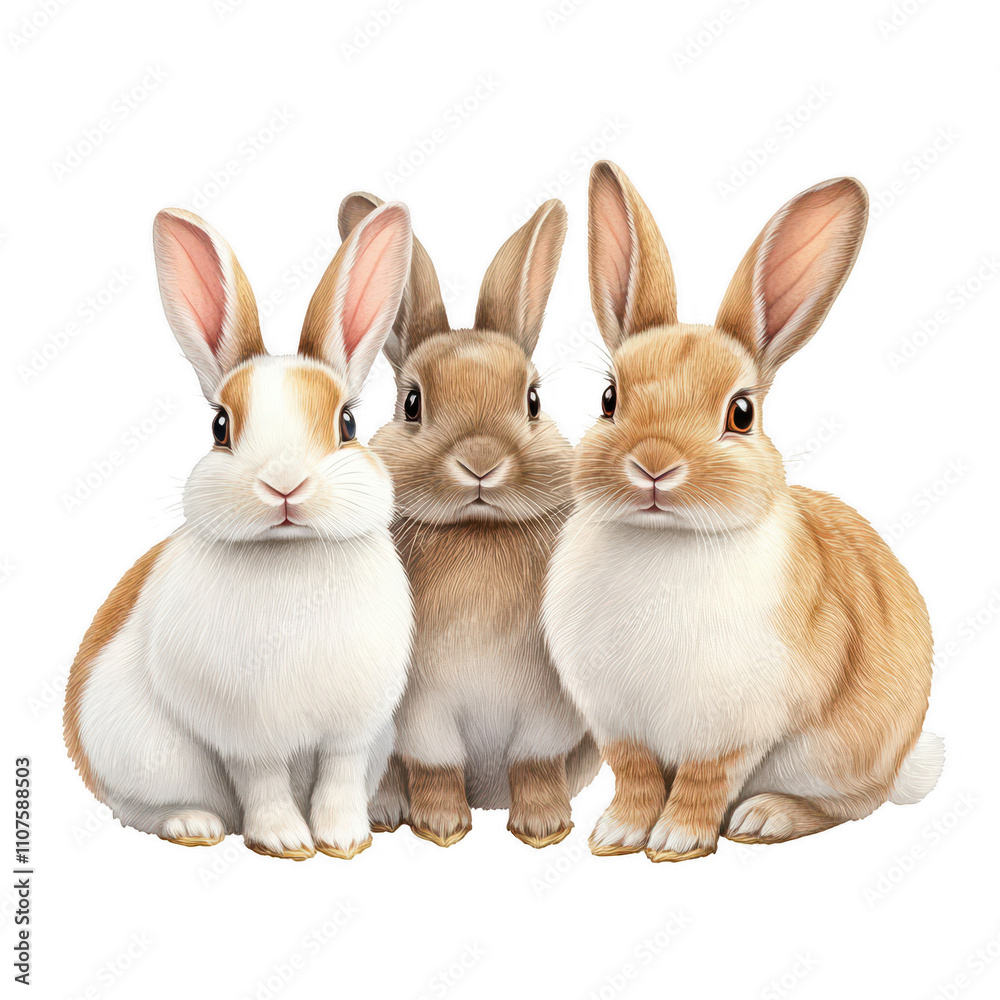 Fototapeta premium Three cute rabbits posing together. isolated on white background.