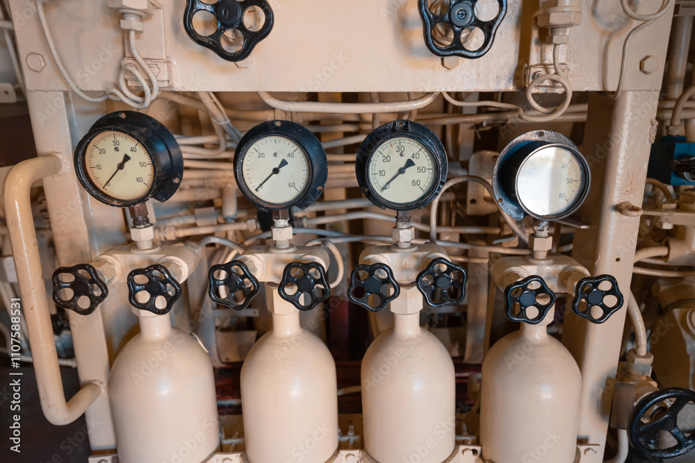 Complex control panel featuring valves, gauges, and tanks, highlighting industrial processes and monitoring systems