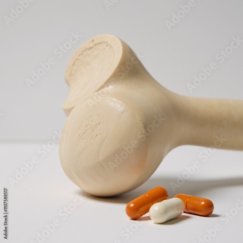 A medical-themed image features a healthy bone human emphasizing nutrients like Vitamin D Calcium and Collagen against a conceptual background related to bones and health photo