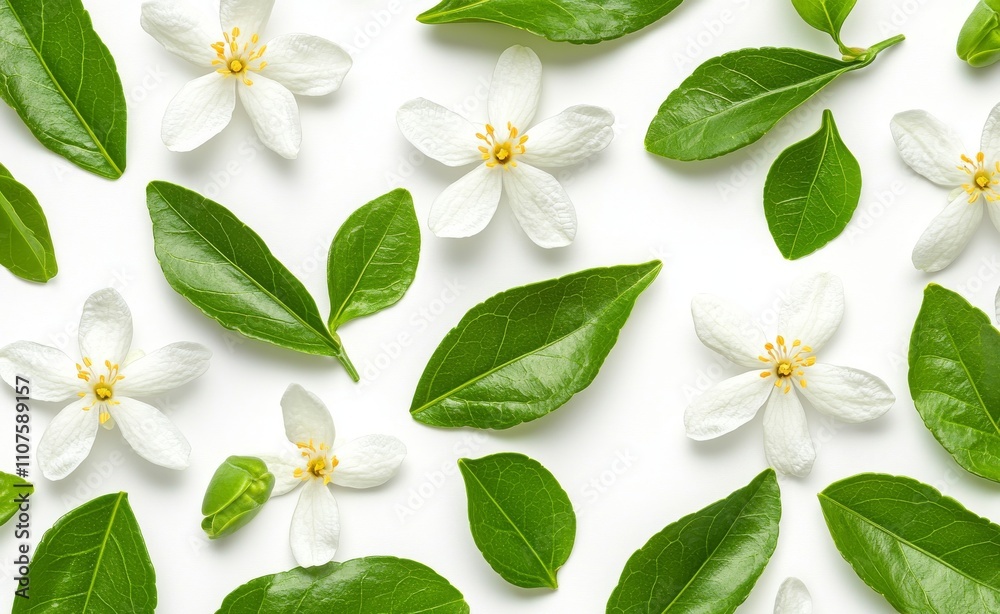 Naklejka premium A picture of a delicate collection of white flowers and green leaves, captured in natural light against a pale background.