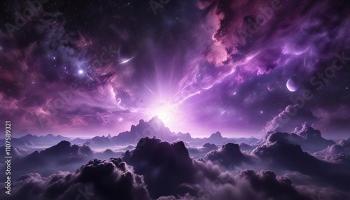 Celestial backdrop with purple nebula and interstellar clouds, cosmic time, cosmic winds, stellar explosion photo