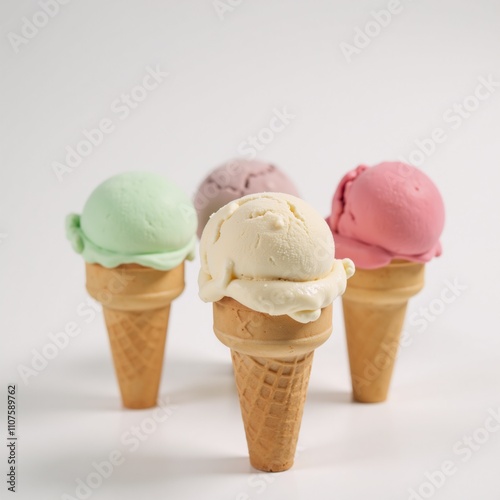 White background showcases isolated ice cream cones with freshly scooped treats photo