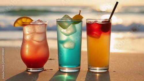 Three colorful cocktails capture sunsets glow offering summer refreshment at the beach with a pop of colors photo