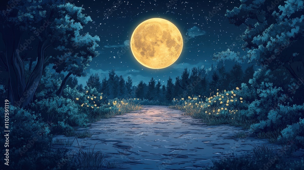Fototapeta premium Bright Full Moon Illuminating A Lush Forest Pathway At Night