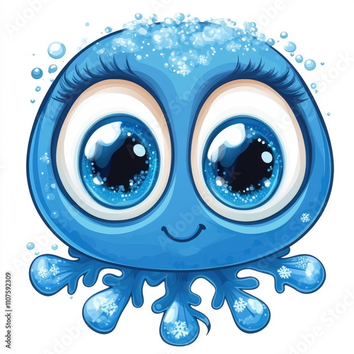 Cute Cartoon Blue Octopus Character with Big Sparkling Eyes, Smiling Face, and Snowflakes, Perfect for Children’s Art, Educational Materials, and Fun Illustrations photo