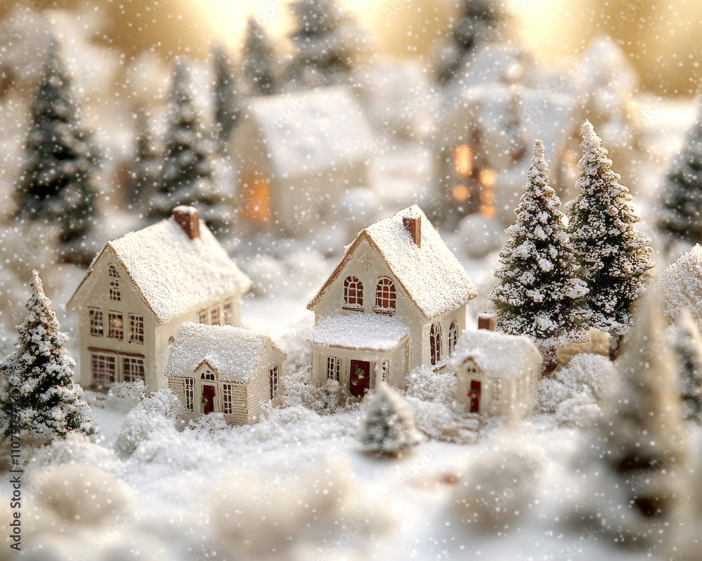 Fototapeta premium A charming winter scene featuring miniature snow-covered houses surrounded by trees, evoking a cozy holiday atmosphere.
